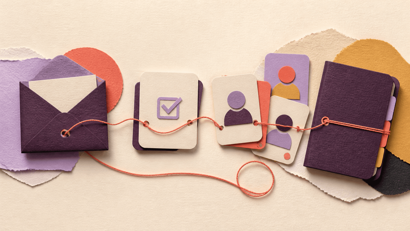 A paper-cut thread connecting an email, consent control, audience contact cards and a portable address book