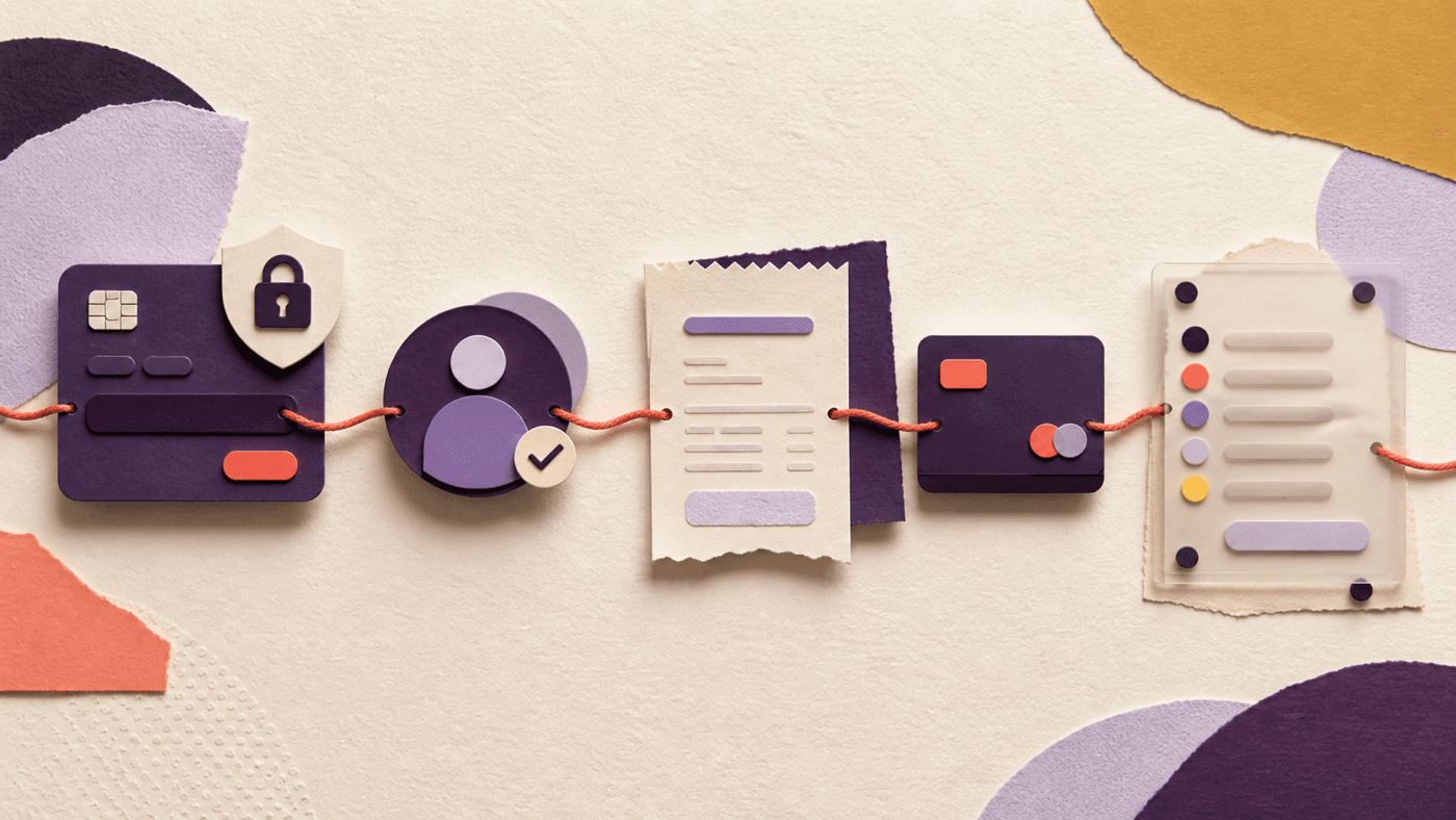 A paper-cut thread connecting secure checkout, a creator account, a receipt, payment processing and a fee ledger