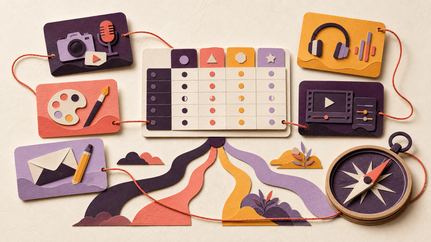 A paper-cut comparison system connecting creator tools, media formats, branching paths and a compass