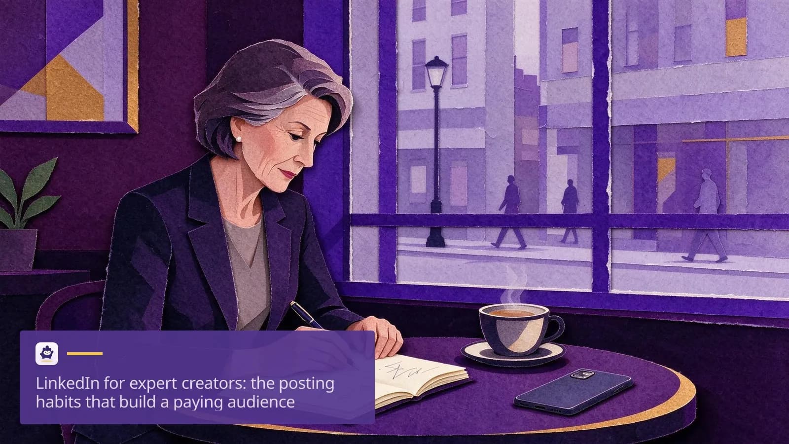 A management consultant in her fifties sits at a café table with a notebook.