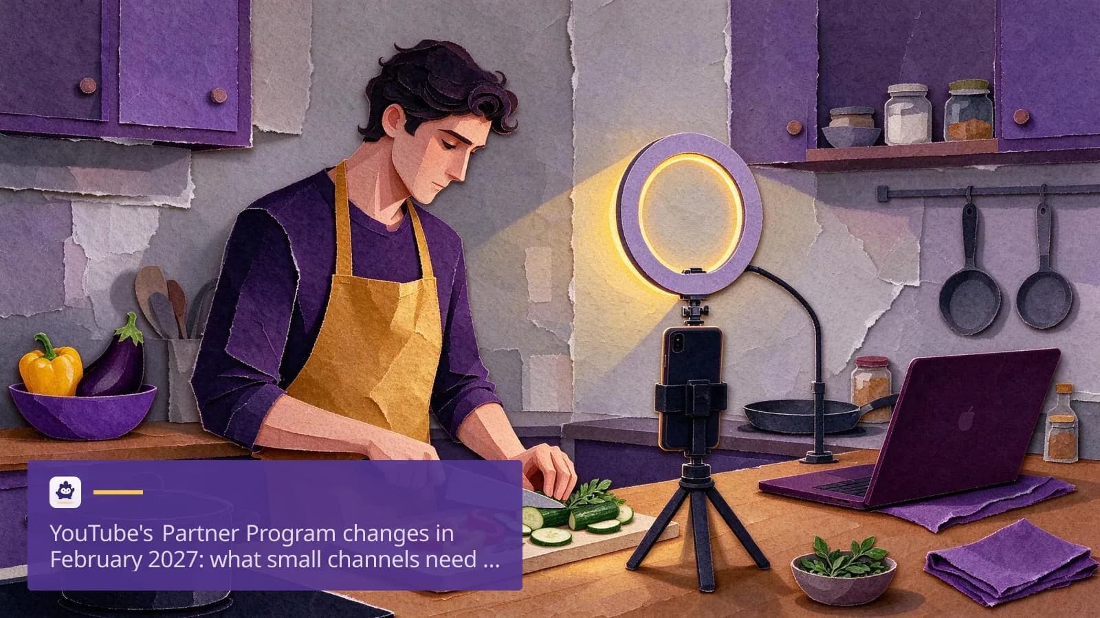 A young man films a cooking tutorial in a small home kitchen, phone mounted on a tripod at counter height.