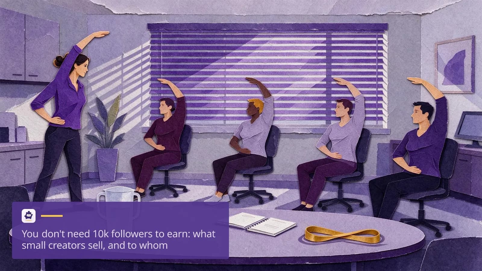 A physiotherapist in her thirties runs a small lunchtime workshop in an office meeting room.