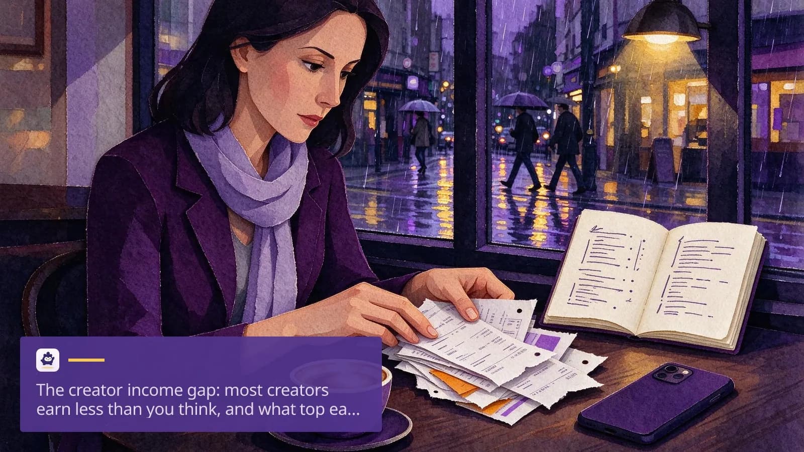 A woman in her thirties sits at a café table in a UK high street.