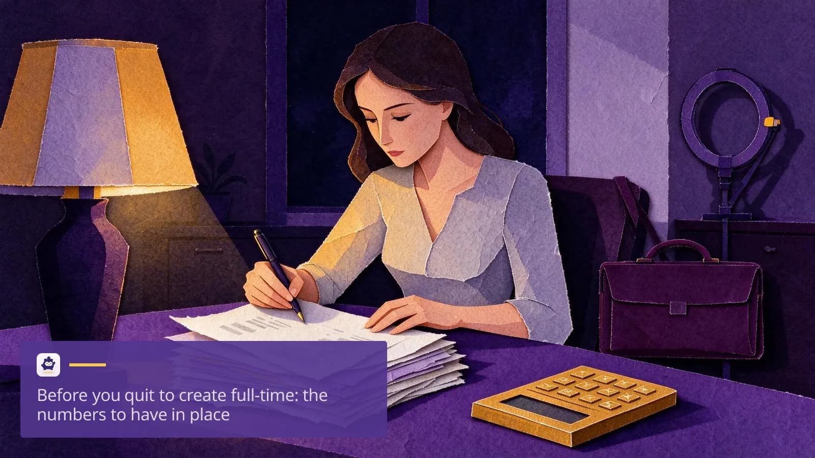 A woman in her late twenties sits at a dining table in the evening with a stack of printed bank statements.