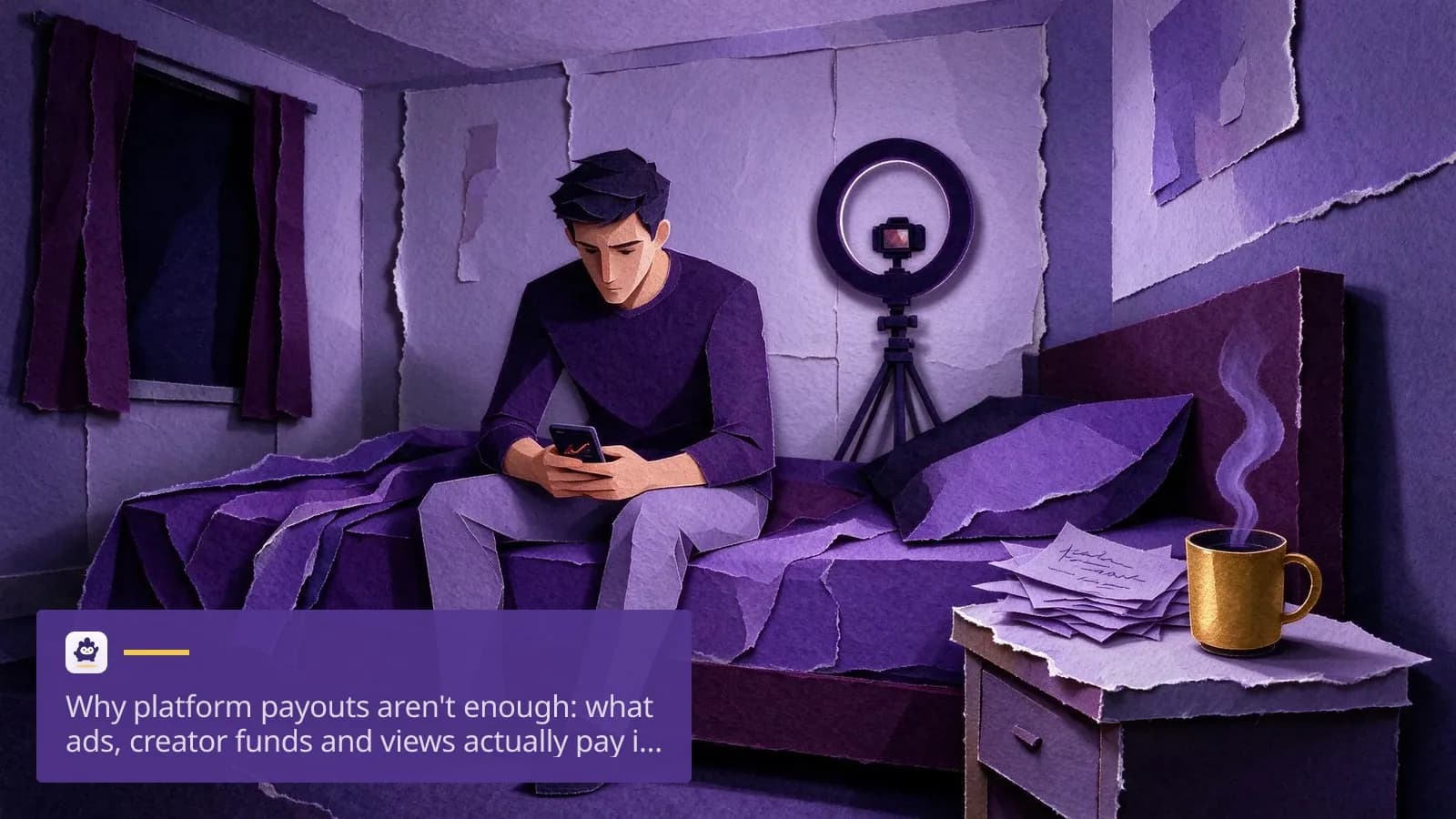 A young man in a small Dublin flat sits on the edge of his bed holding a phone that shows a video's analytics graph while a…