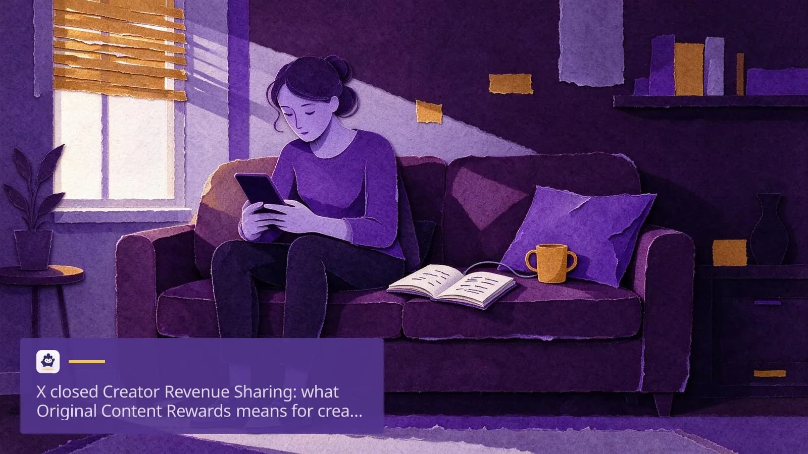 A creator in her late twenties sits on a sofa in a small flat.