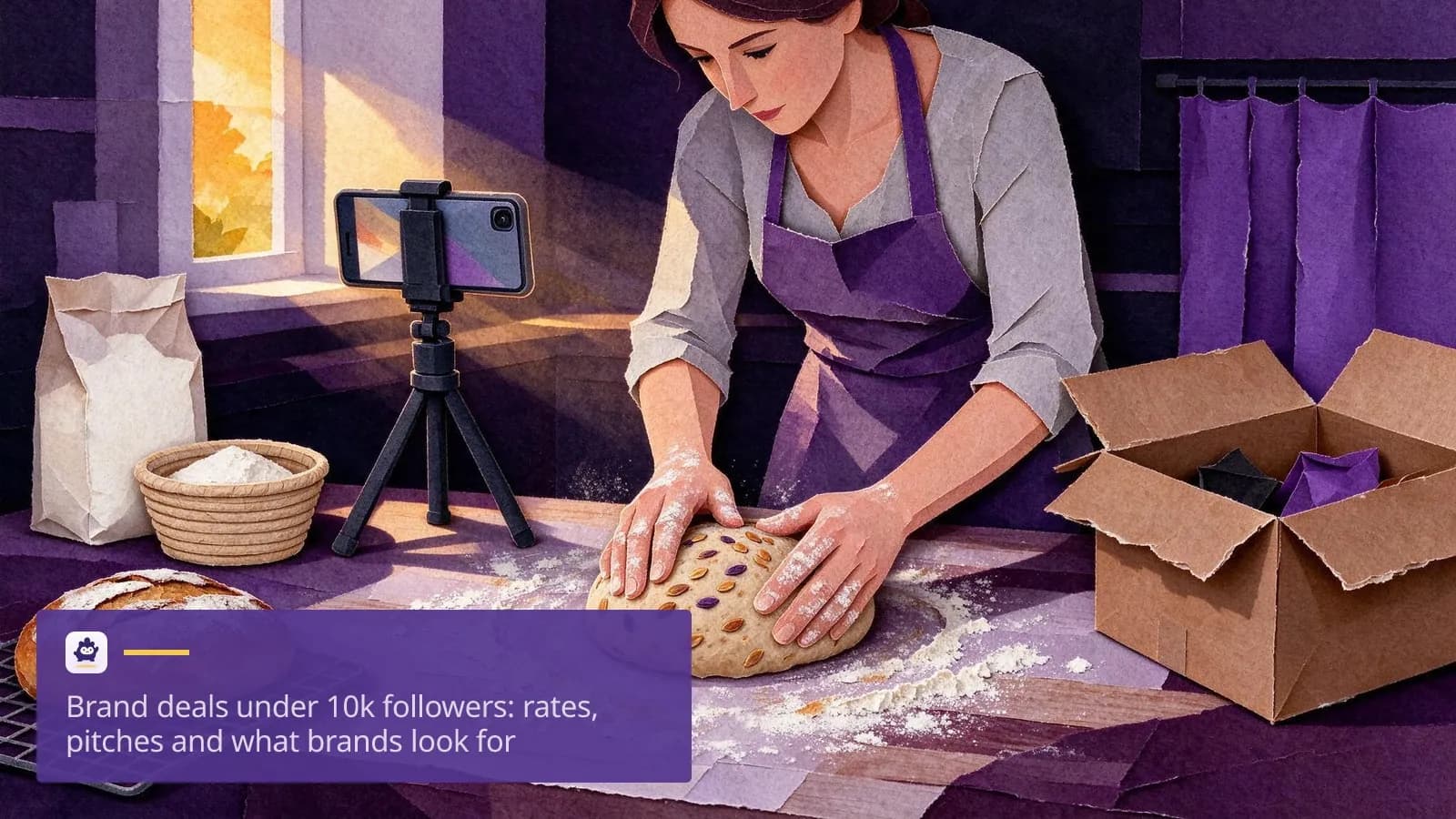 A home baker in an apron films herself shaping a loaf of seeded bread on a floured wooden worktop.