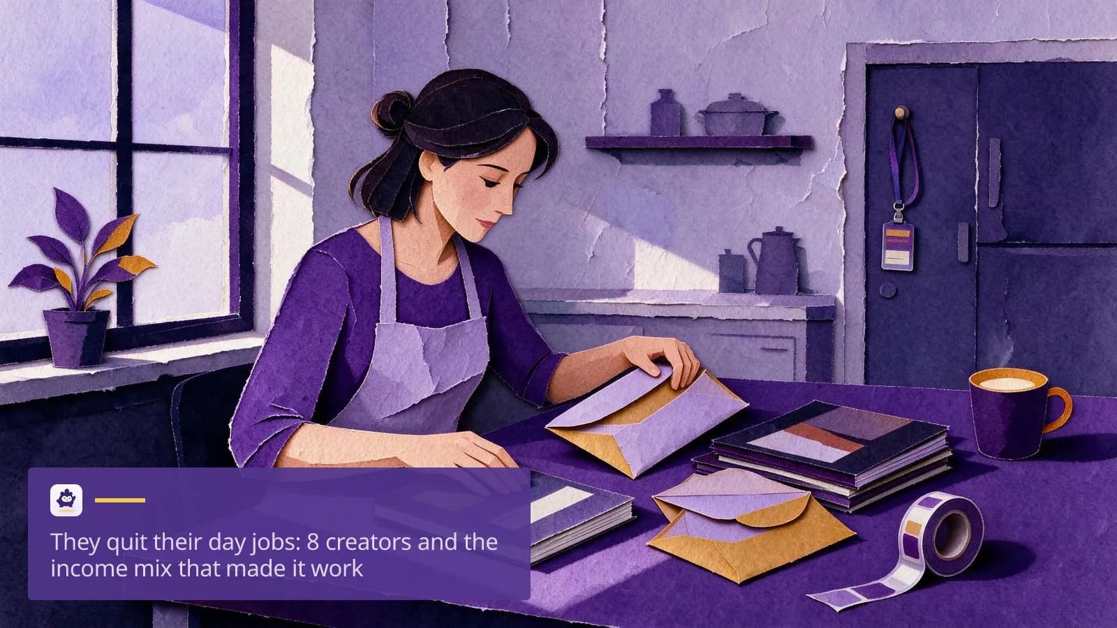 A woman in her thirties sits at a kitchen table early in the morning.