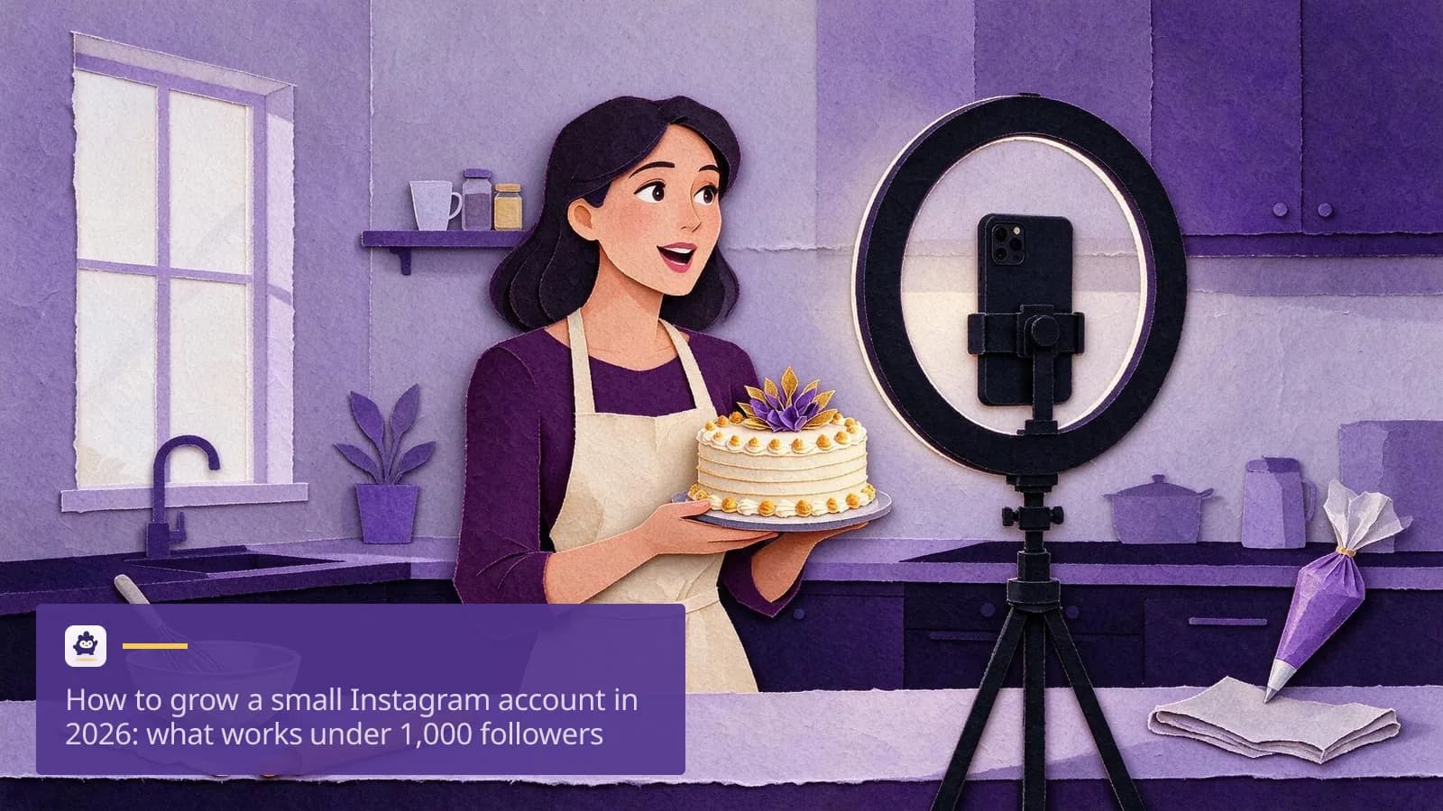 A young woman in her twenties stands in a small home kitchen filming herself on a phone clipped to a tripod.