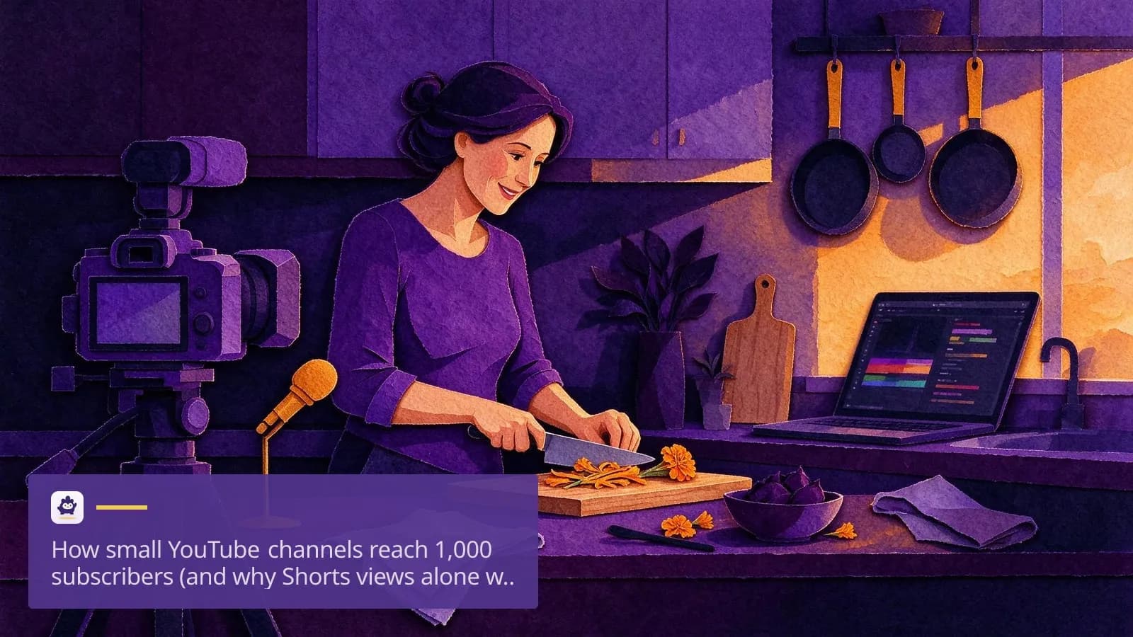 A woman in her forties records a cooking tutorial in her home kitchen.
