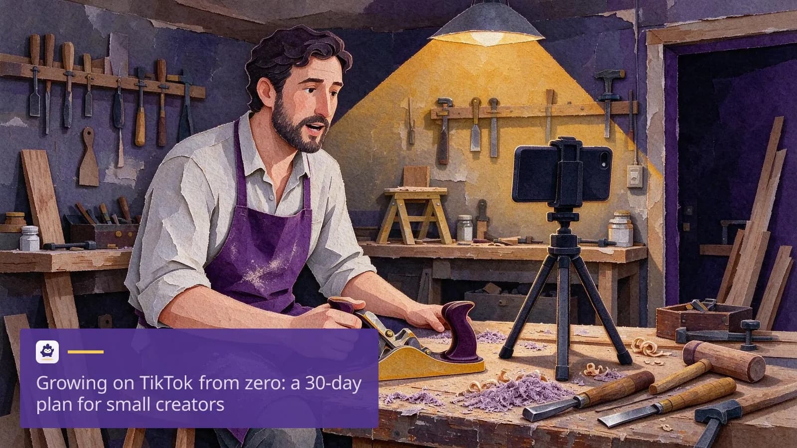 A man in his thirties sits on a stool in a small garage workshop.