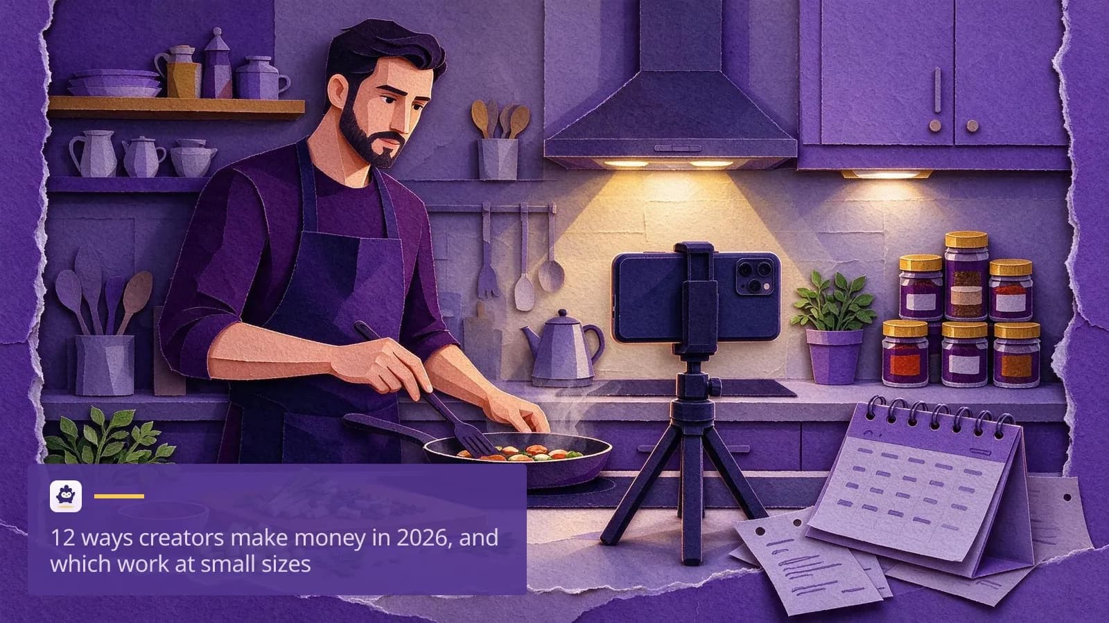 A creator in his late twenties stands at a kitchen counter filming a short cooking tutorial on a phone clipped to a small…